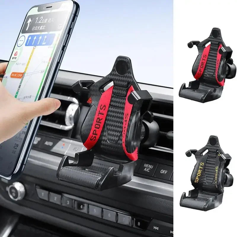 Soporte para teléfono móvil con diseño de asiento de carreras, soporte con ventosa para smartphone y teléfono móvil en el coche, compatible con iPhone, Samsung y Xiaomi.